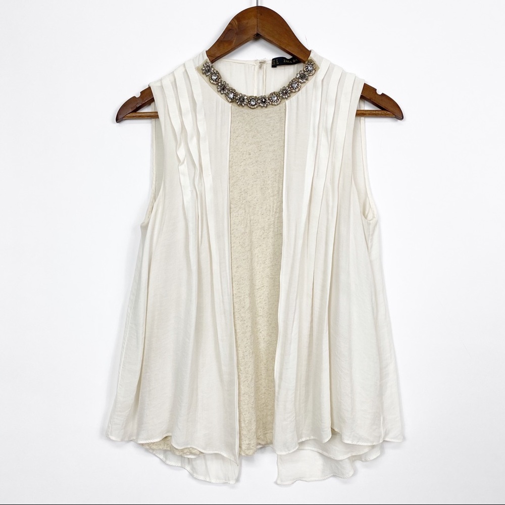 Zara Cream Sleeveless Blouse with Jeweled Neckline